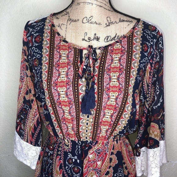 Flying Tomato Red & Blue Paisley Bell Sleeves Crochet Boho Dress Size Large - Picture 2 of 8